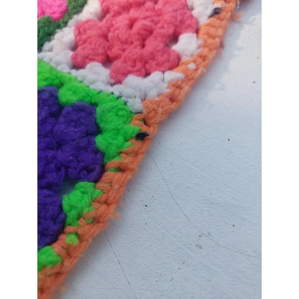 VTG Large Handmade Crochet Afghan Granny Square Blanket Hand Sewn Made Dopamine